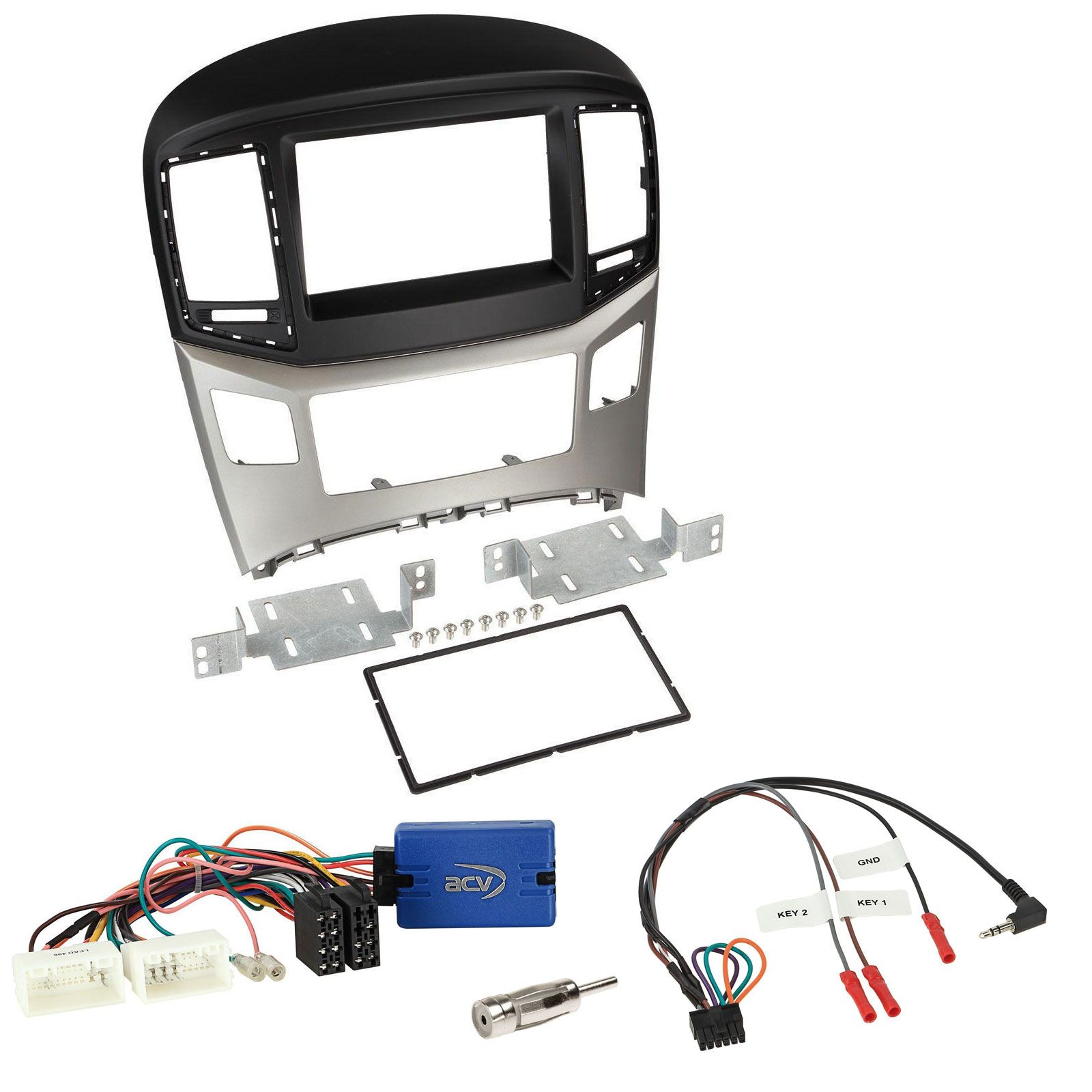 Einbauset mit Lenkradadapter f�r Doppel DIN Autoradio in Hyundai H1 (ab 15) - silber-schwarz