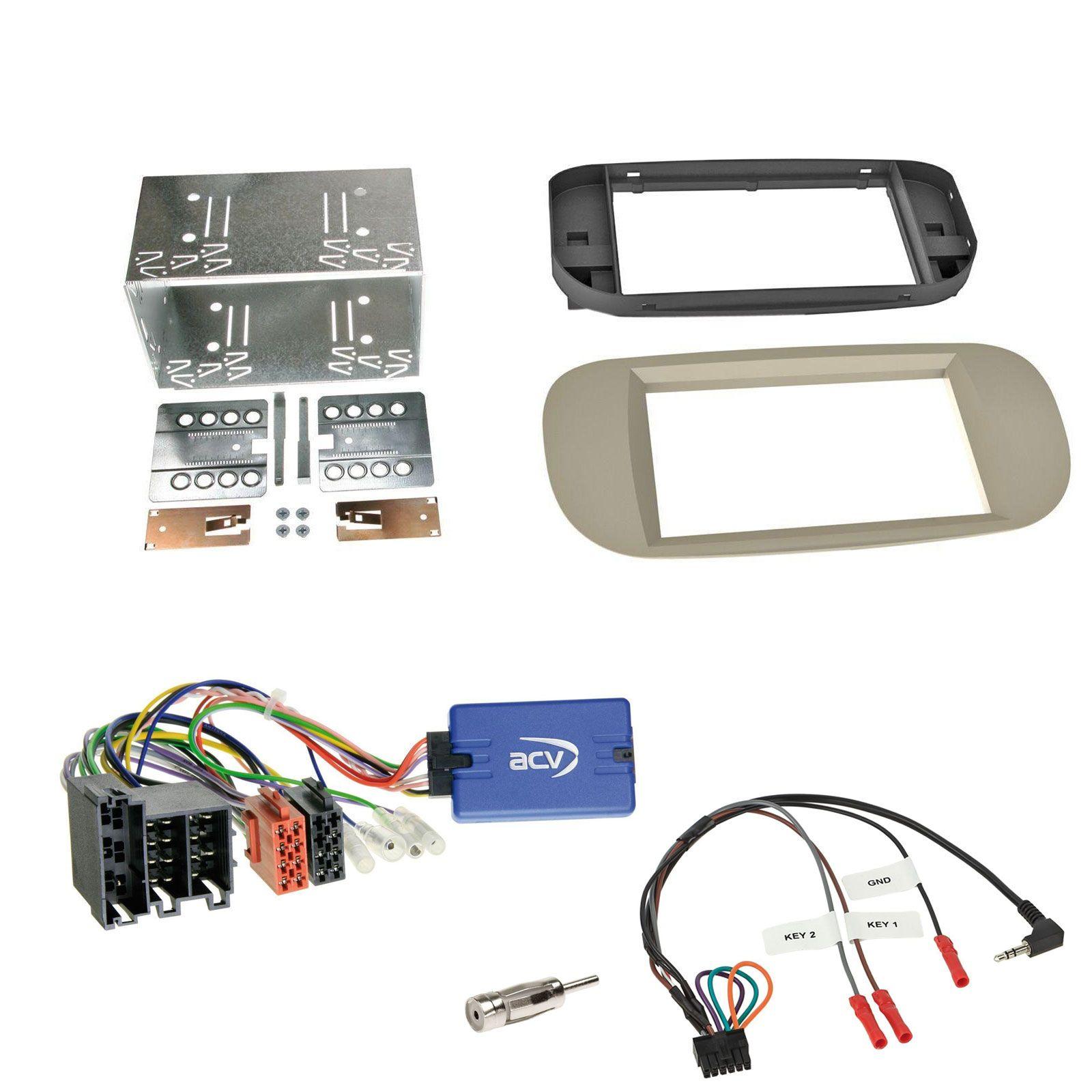 Einbauset mit Lenkradadapter f�r Doppel DIN Autoradio in Fiat 500 / 500C - beige