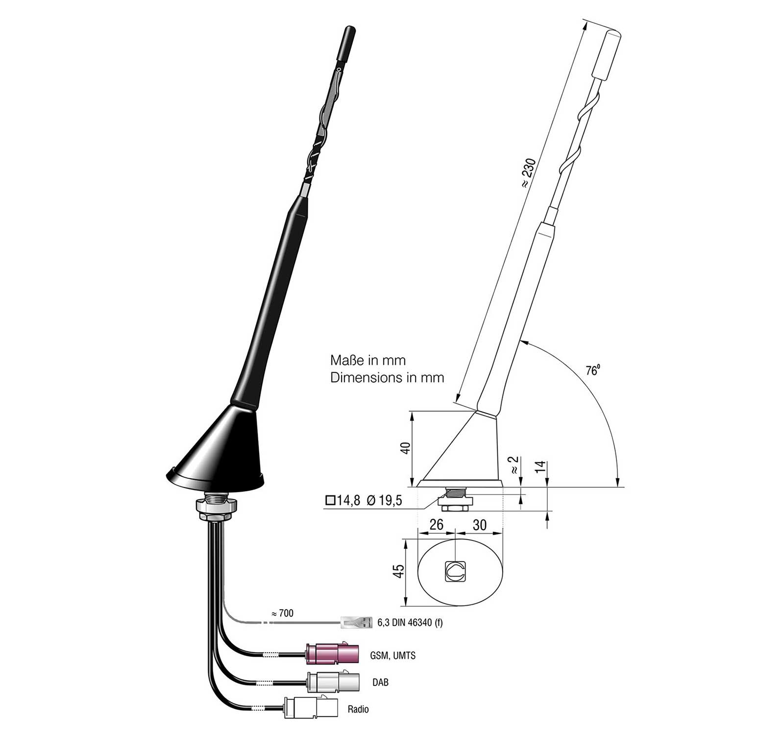 16V Antenne DAB+ FM aktiv 56 Grad mit DIN(M)/SMB(F) Anschluss, 36,90 €