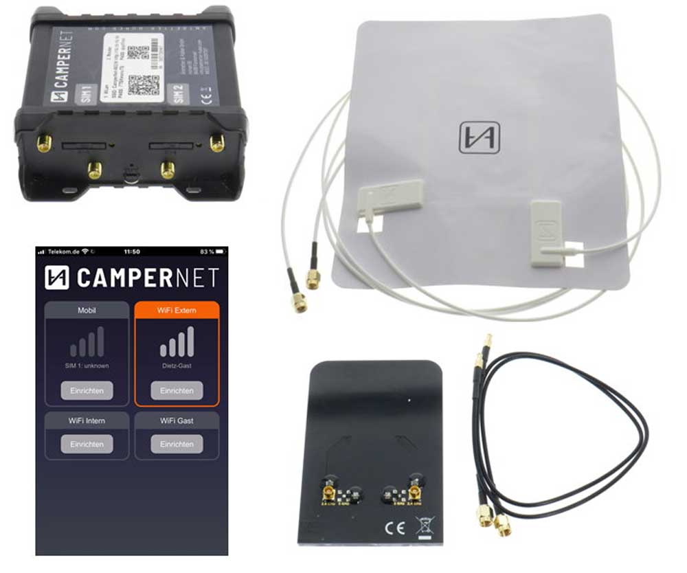 LTE/WLAN Router CamperNet mit Fensterantenne LTE und Conexum WLAN Antenne